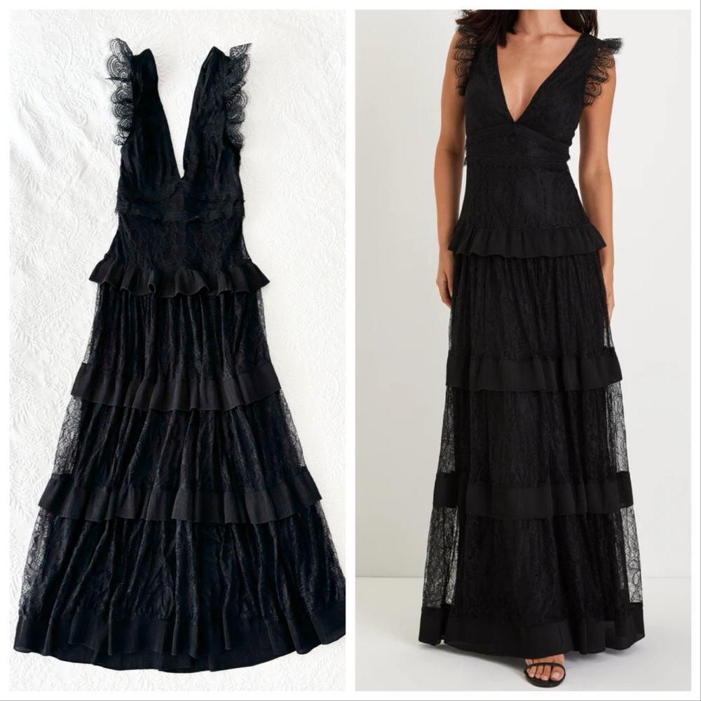 NWOT Lulus Marvelous Darling Black Lace Ruffled Tiered Maxi Dress Small